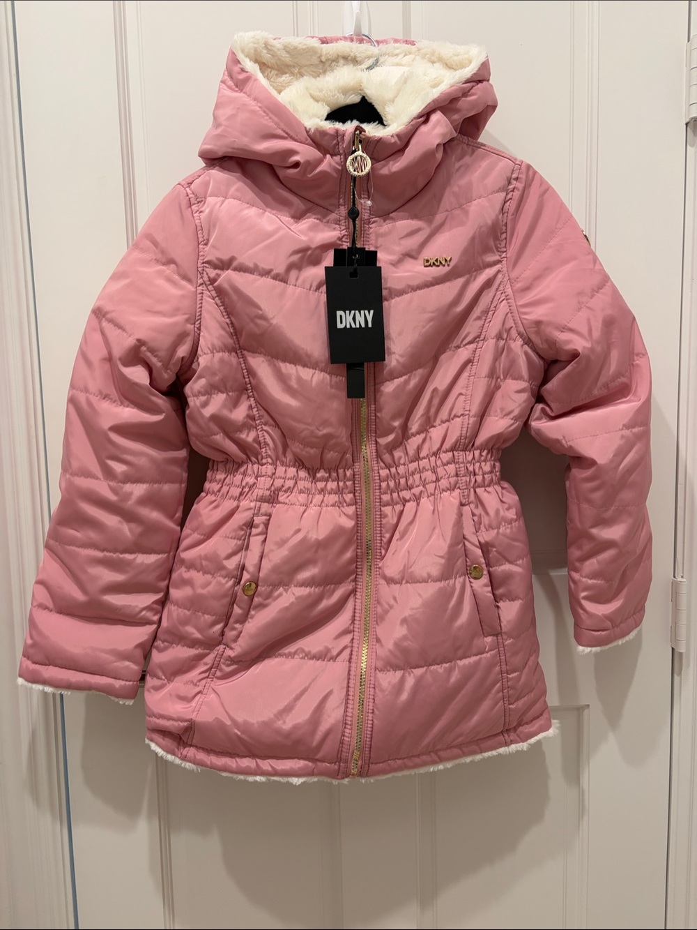 DKNY Girls' Pink Hooded Reversible Quilted Puffer Jacket
